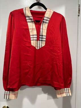 Red V-Neck Blouse with Plaid Trim Medium